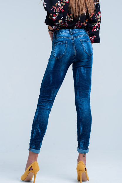 Blue wrinkled high-waist skinny jeans