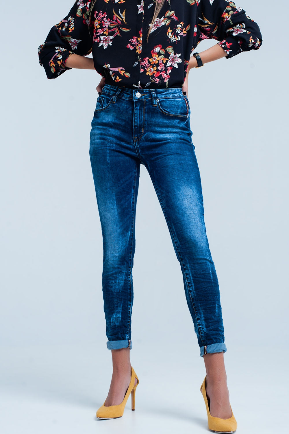 Q2 Blue wrinkled high-waist skinny jeans