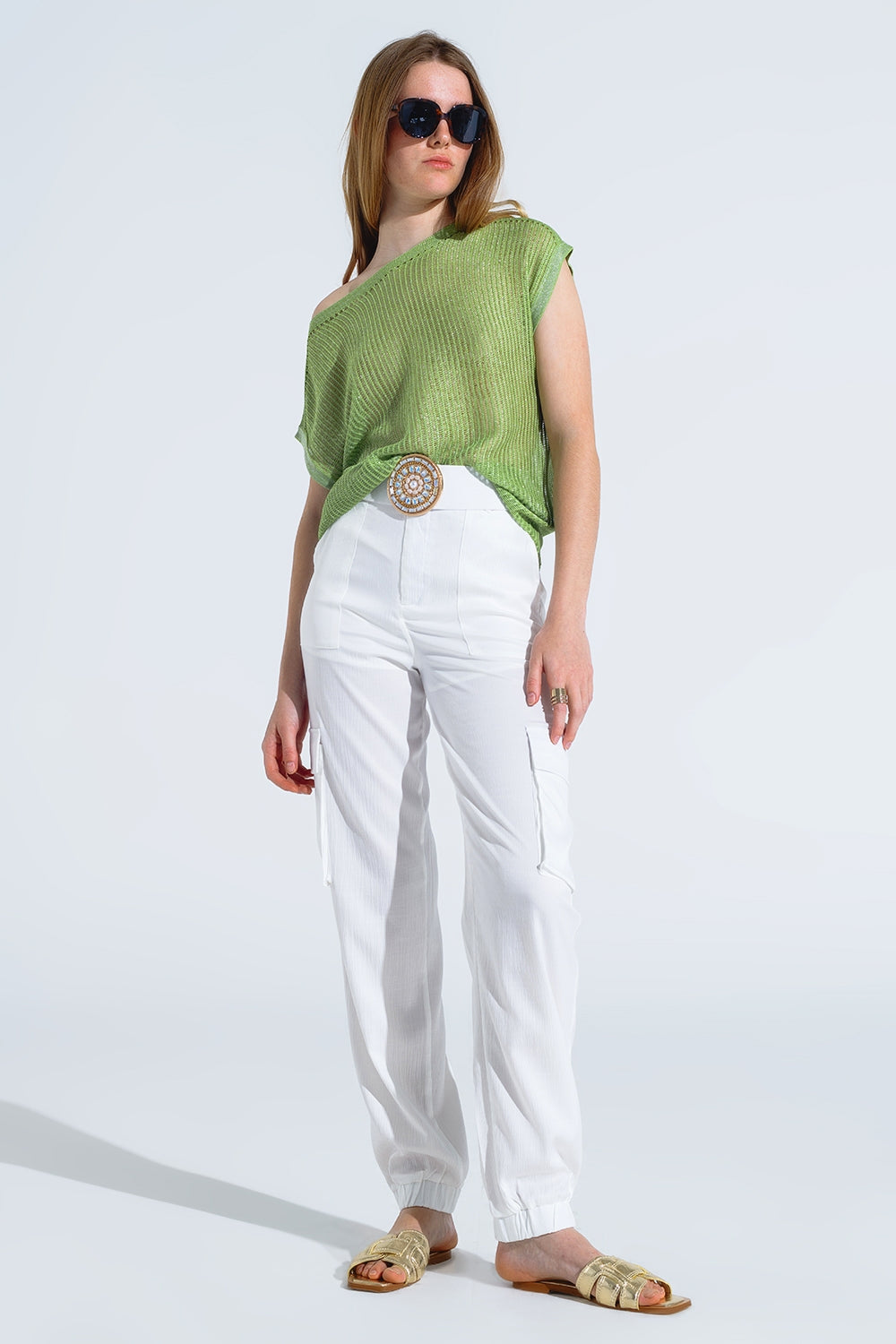 Boat Neck Ribbed Sweater With Cap Sleeves in Green