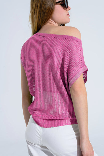 Boat Neck Ribbed Sweater With Cap Sleeves in pink