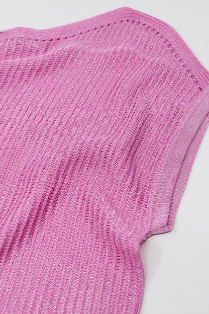 Boat Neck Ribbed Sweater With Cap Sleeves in pink