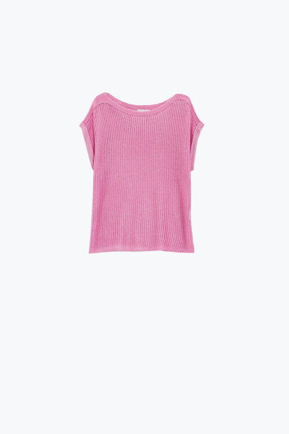 Boat Neck Ribbed Sweater With Cap Sleeves in pink