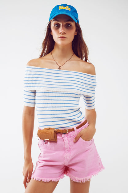 Boatneck Striped 3/4 Sleeve Shirt in Blue