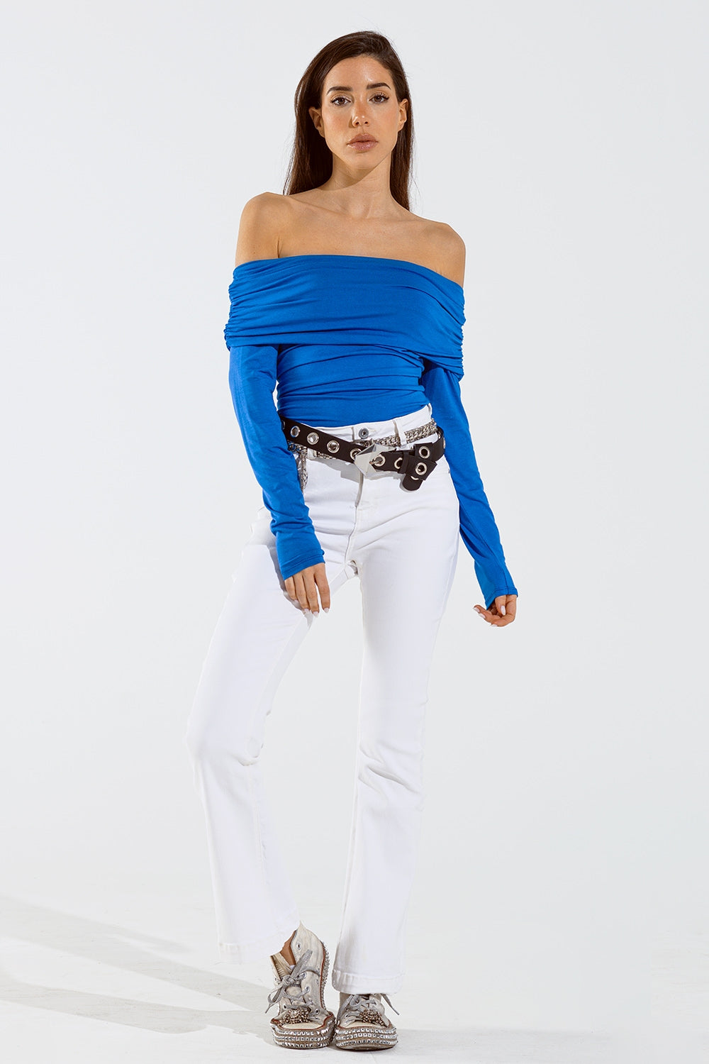 Bodycon Off Shoulder Top In Blue