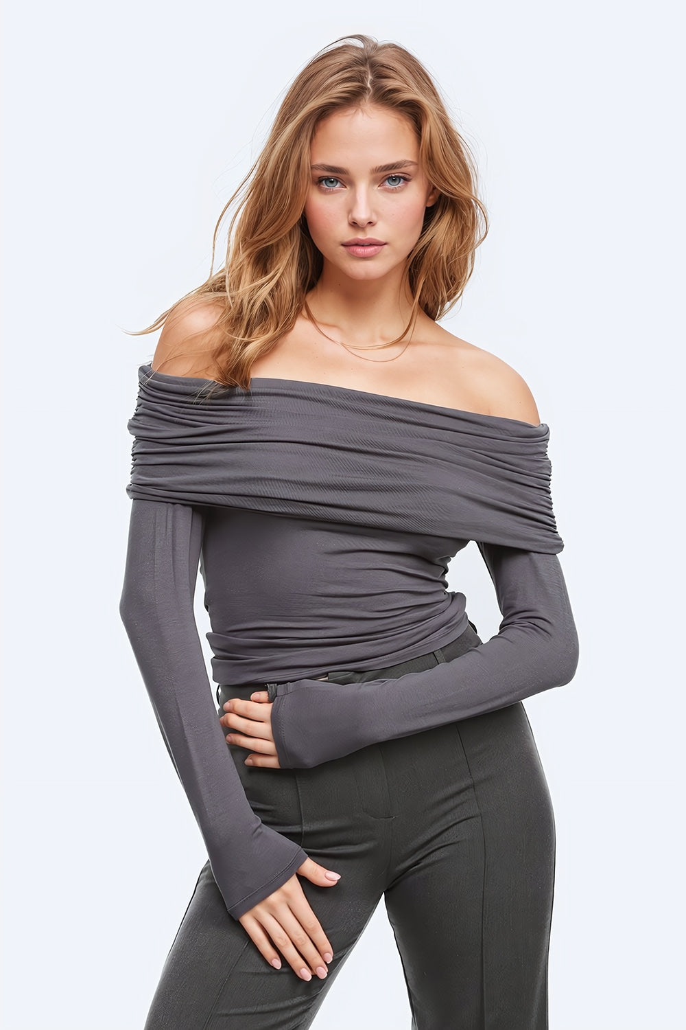 Q2 Bodycon Off Shoulder Top In Grey