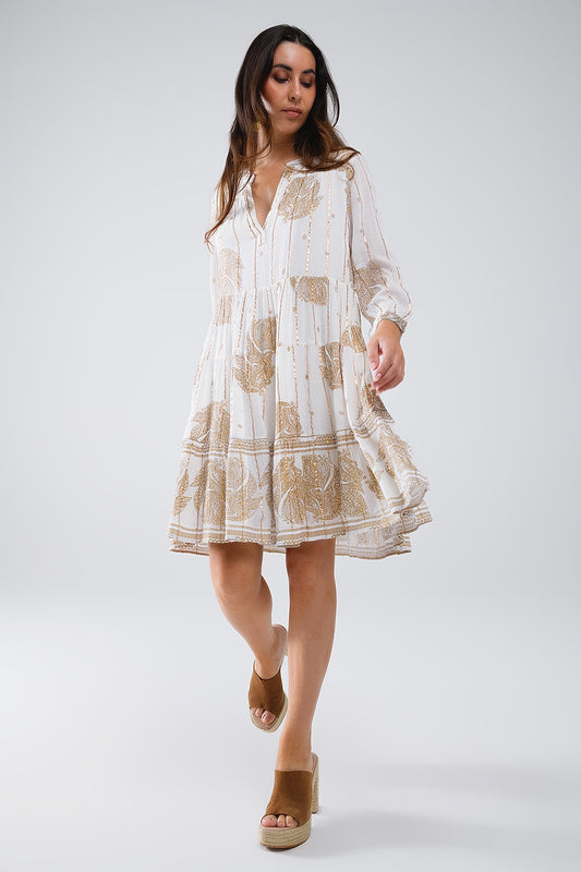 Q2 Boho Long Sleeve Dress With Leaf Print and Lurex Details in White