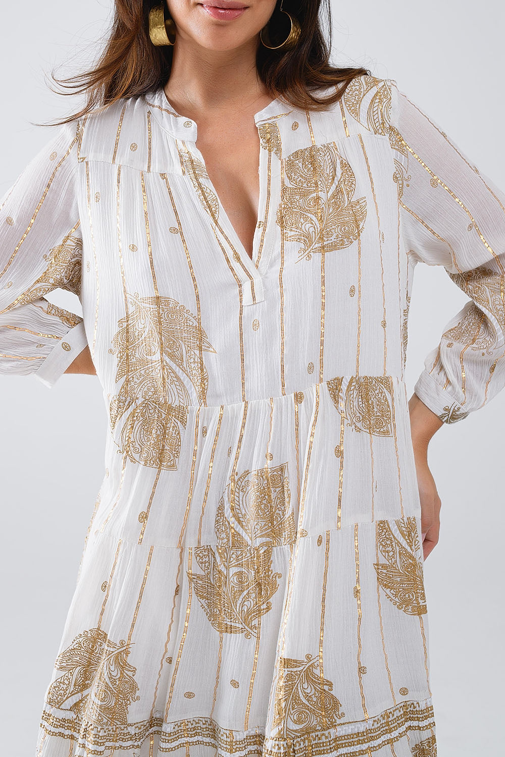 Boho Long Sleeve Dress With Leaf Print and Lurex Details in White