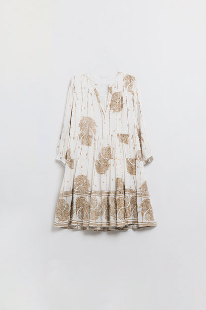 Boho Long Sleeve Dress With Leaf Print and Lurex Details in White