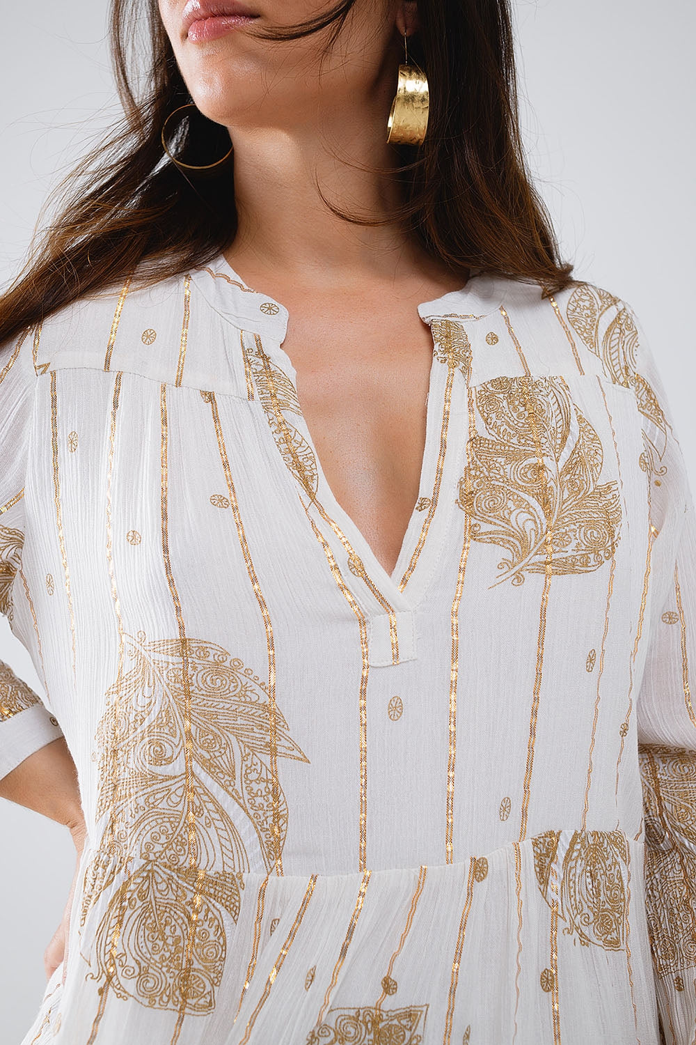 Boho Long Sleeve Dress With Leaf Print and Lurex Details in White