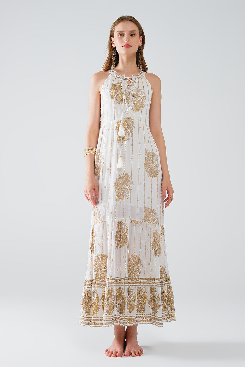 boho maxi chiffon dress with gold flower print