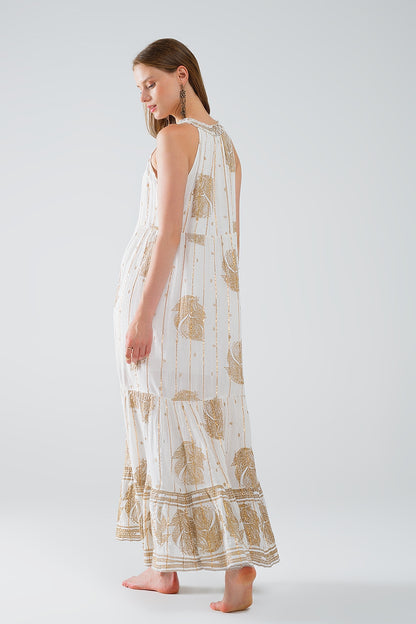 boho maxi chiffon dress with gold flower print