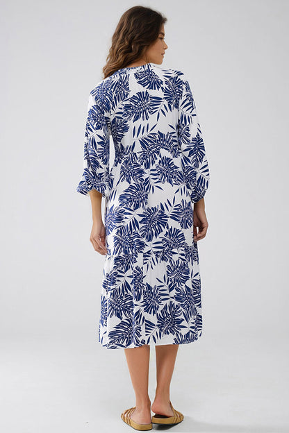 Boho Maxi Dress With Balloon Sleeves And Leaf Print In navy and White