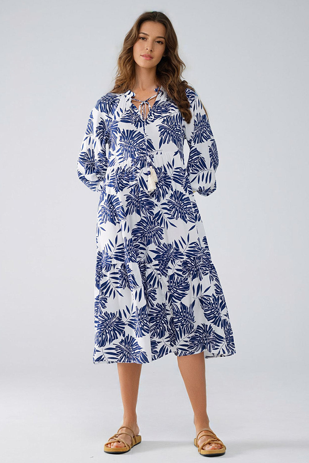 Boho Maxi Dress With Balloon Sleeves And Leaf Print In navy and White