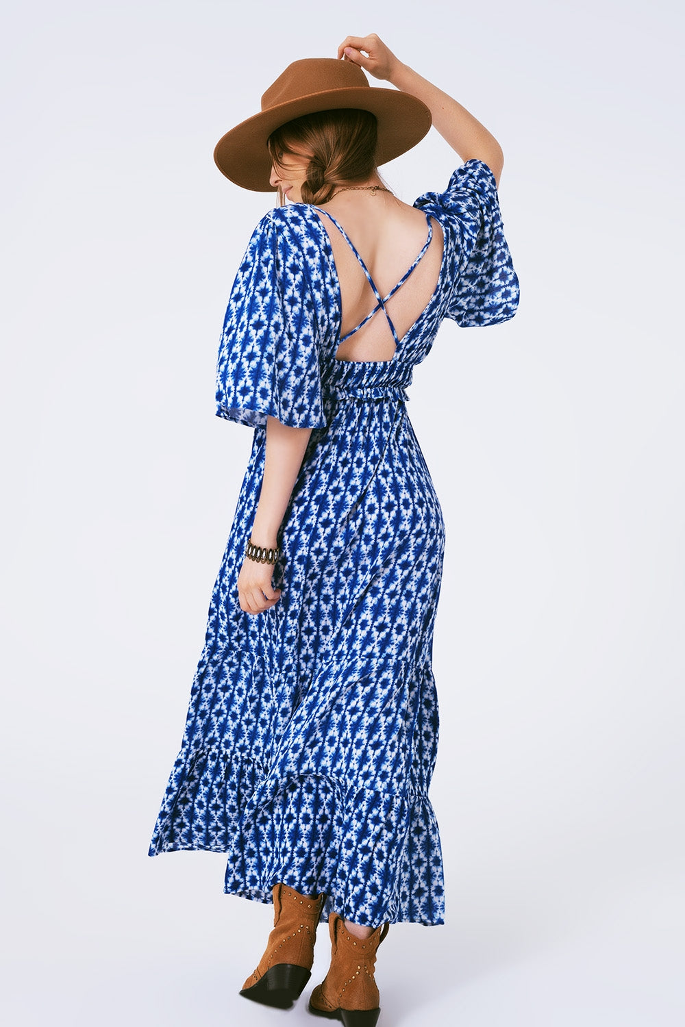 boho print maxi dress crossed on the back