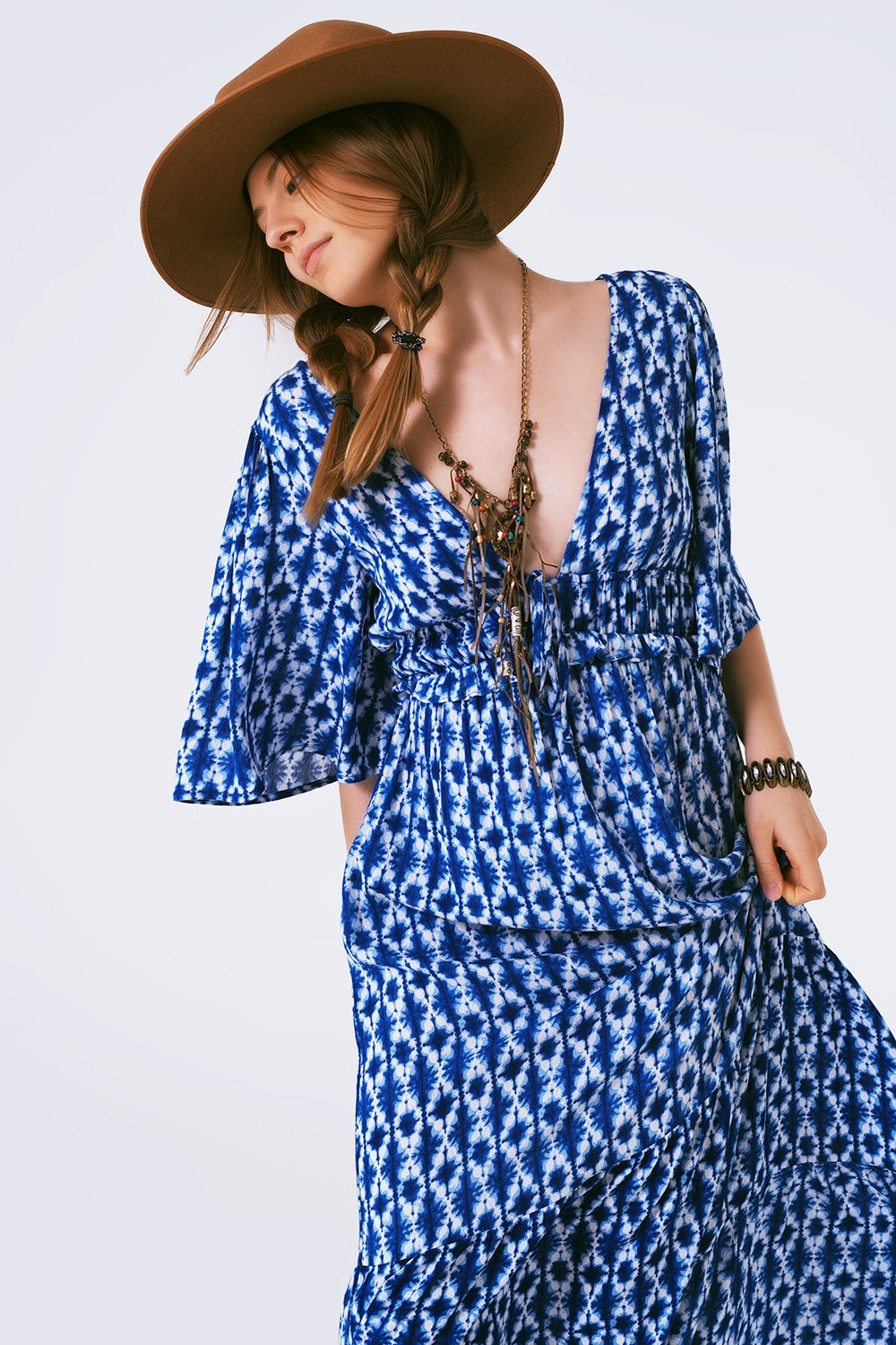 boho print maxi dress crossed on the back