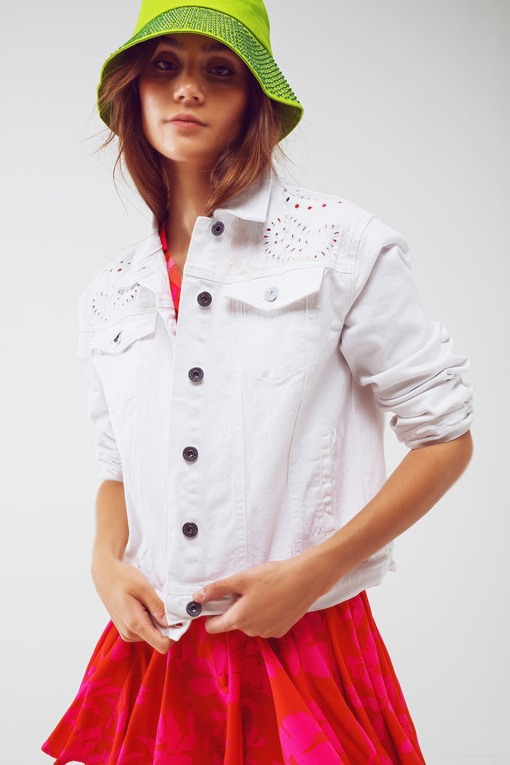 Broderie Denim Jacket in White