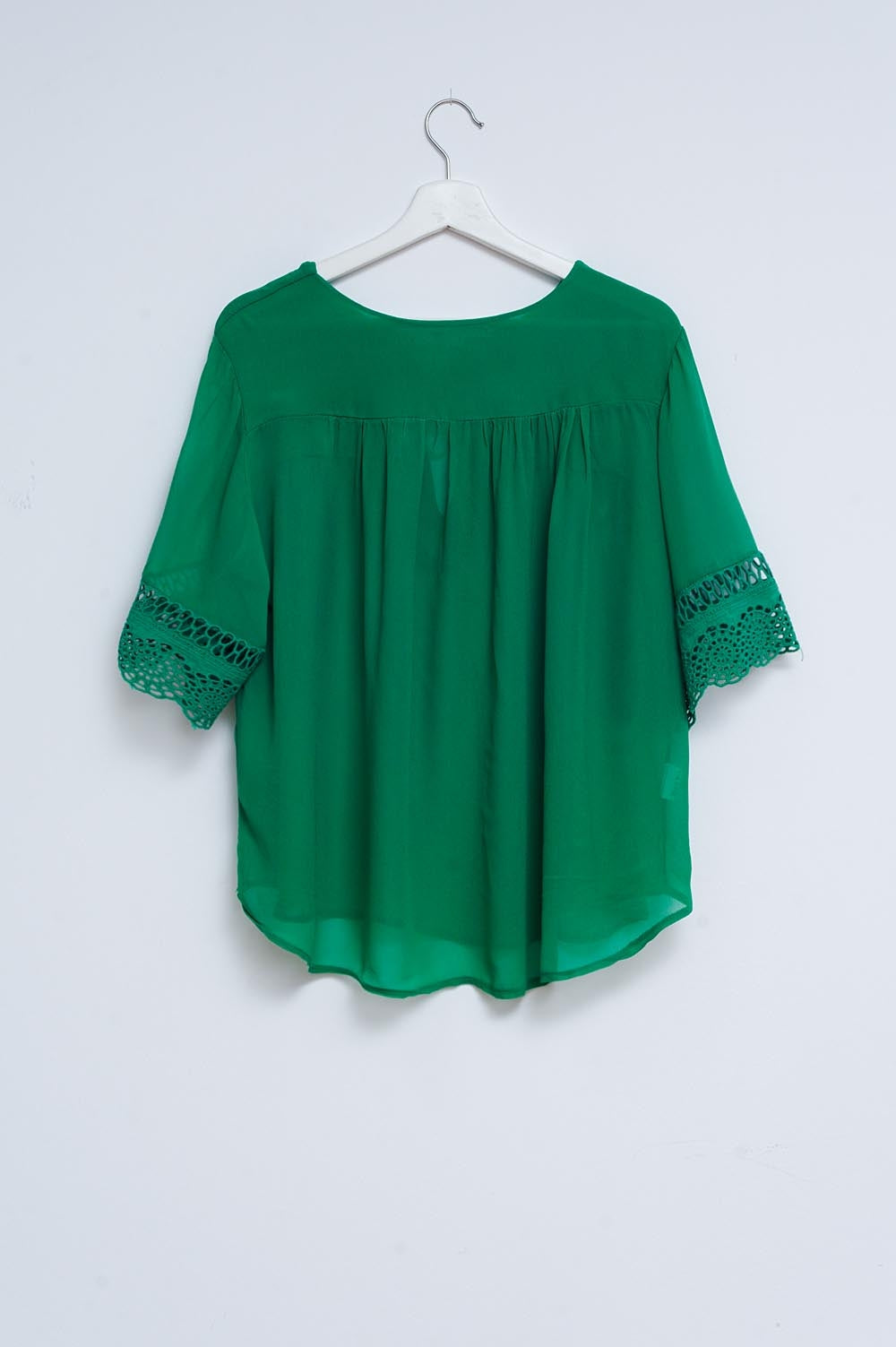 Broderie tie front blouse in green