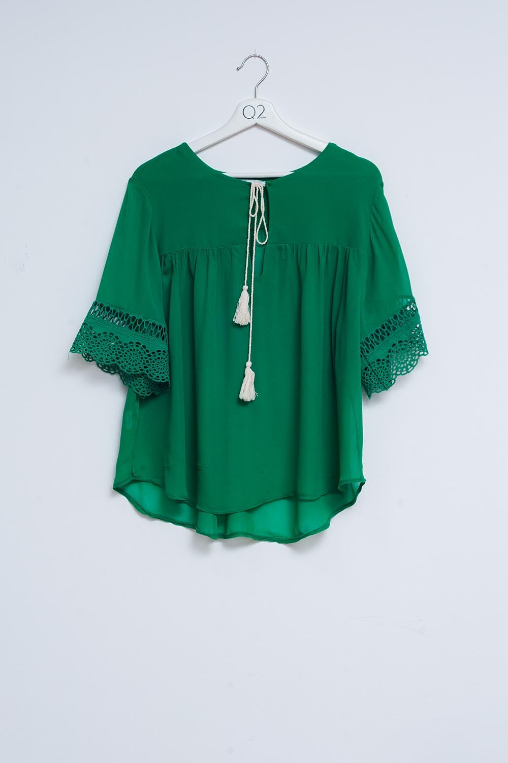 Q2 Broderie tie front blouse in green