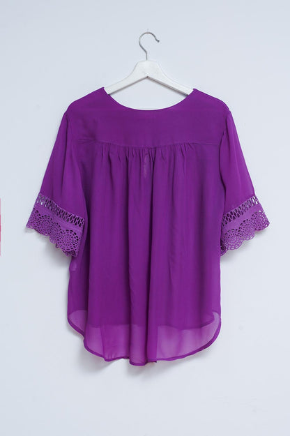 Broderie tie front blouse in purple