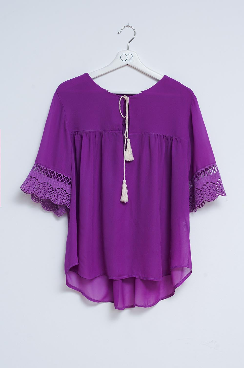 Q2 Broderie tie front blouse in purple