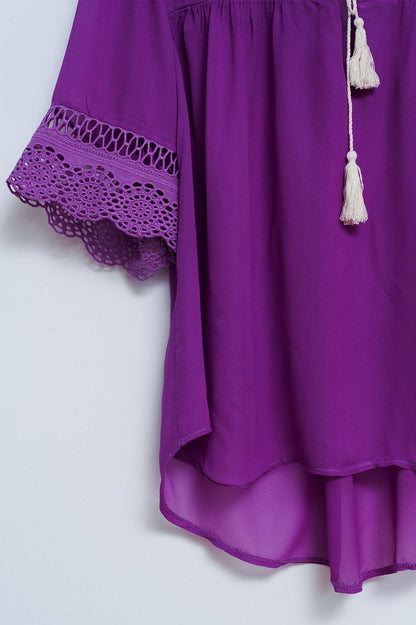 Broderie tie front blouse in purple