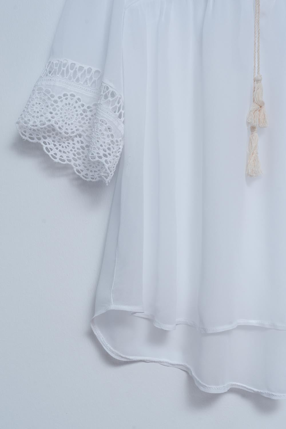 Broderie tie front blouse in white