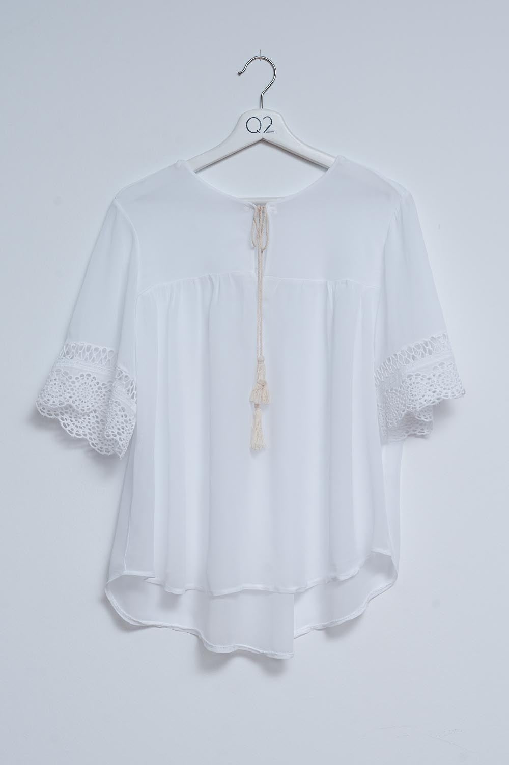 Q2 Broderie tie front blouse in white