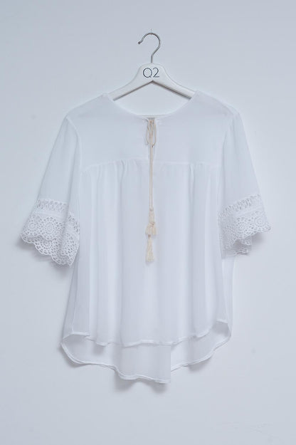 Q2 Broderie tie front blouse in white