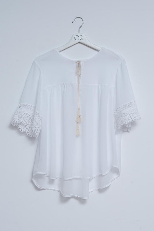 Q2 Broderie tie front blouse in white