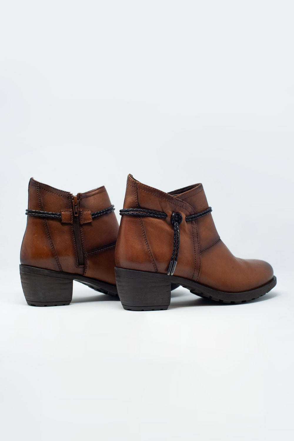 Brown blocked mid heeled ankle boots with round toe