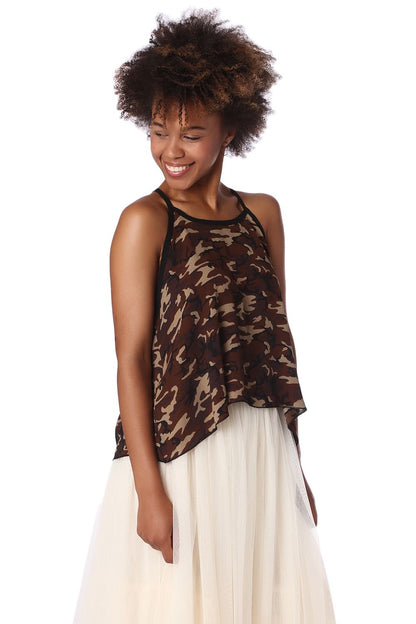 Q2 Brown camo print dip hem top