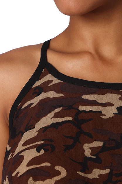 Brown camo print dip hem top