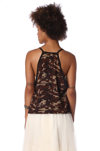 Brown camo print dip hem top