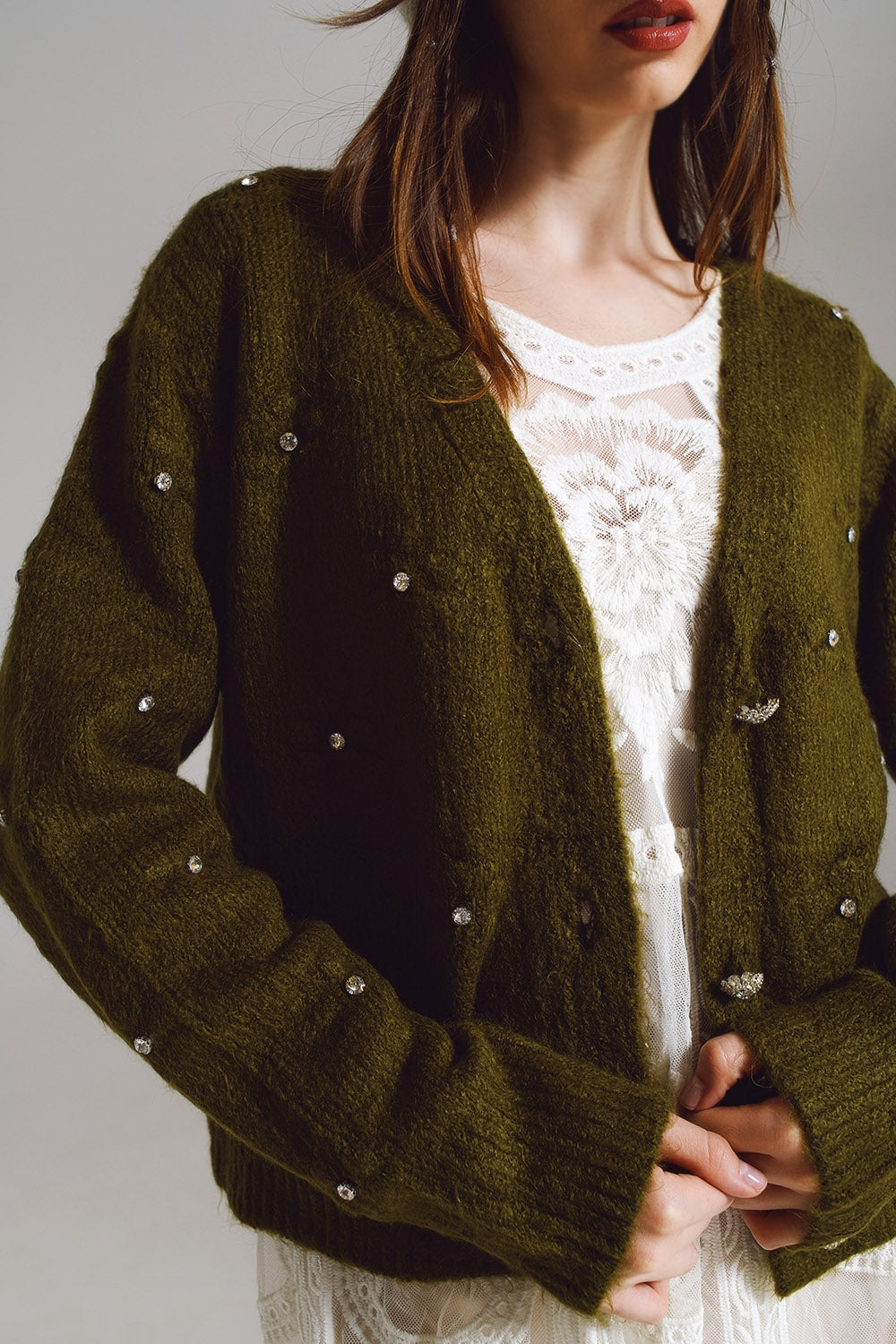 Brown cardigan with knitted flowers and embellished details in Military Green