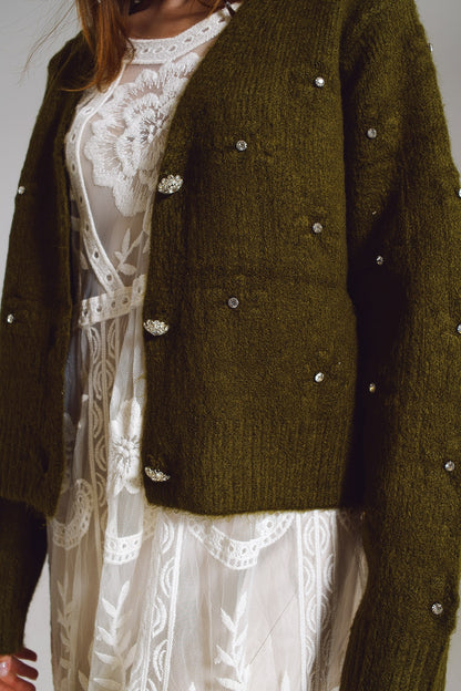 Brown cardigan with knitted flowers and embellished details in Military Green