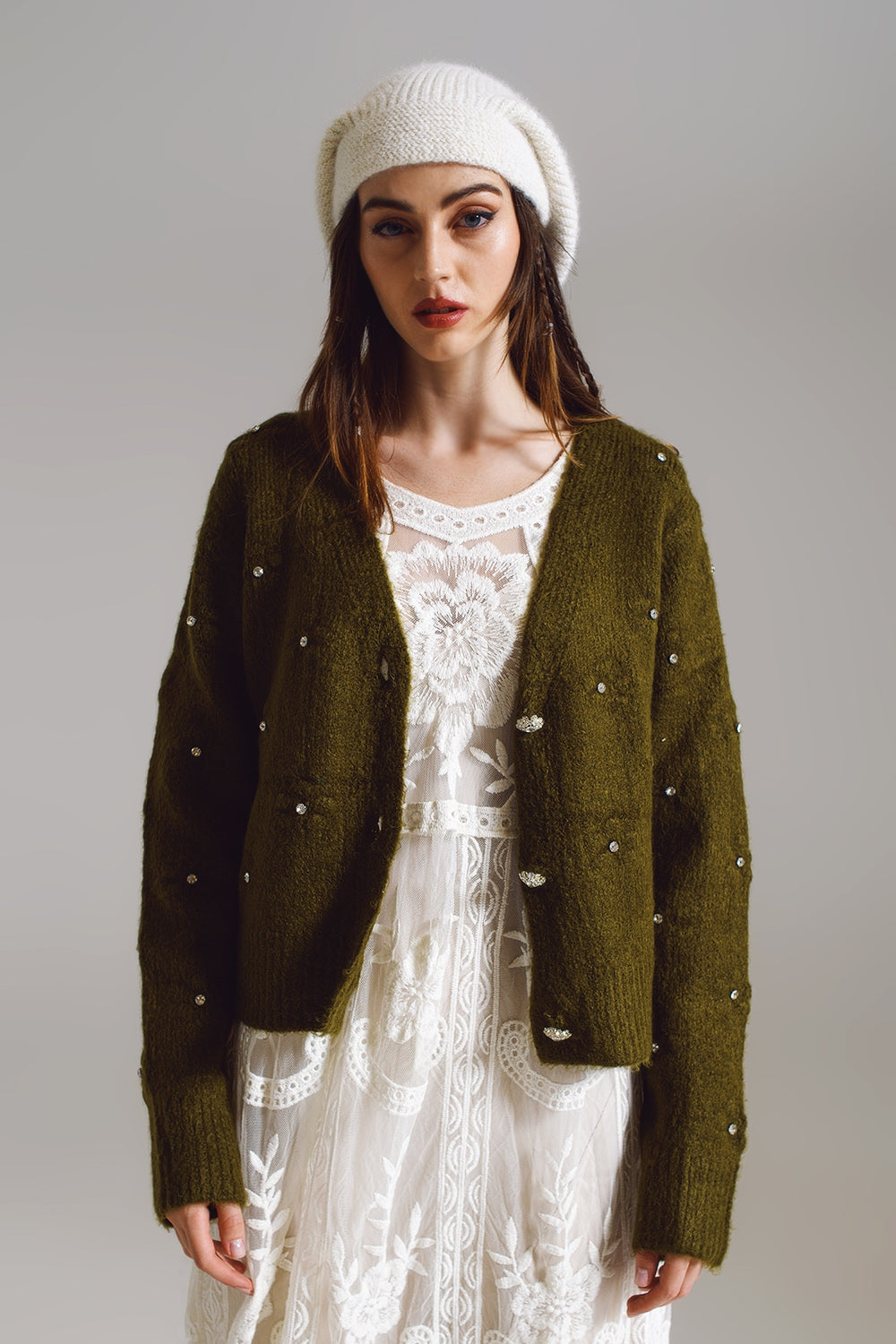 Brown cardigan with knitted flowers and embellished details in Military Green