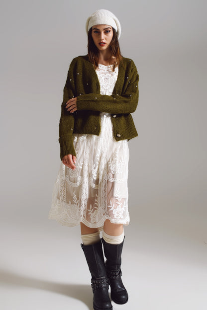 Brown cardigan with knitted flowers and embellished details in Military Green