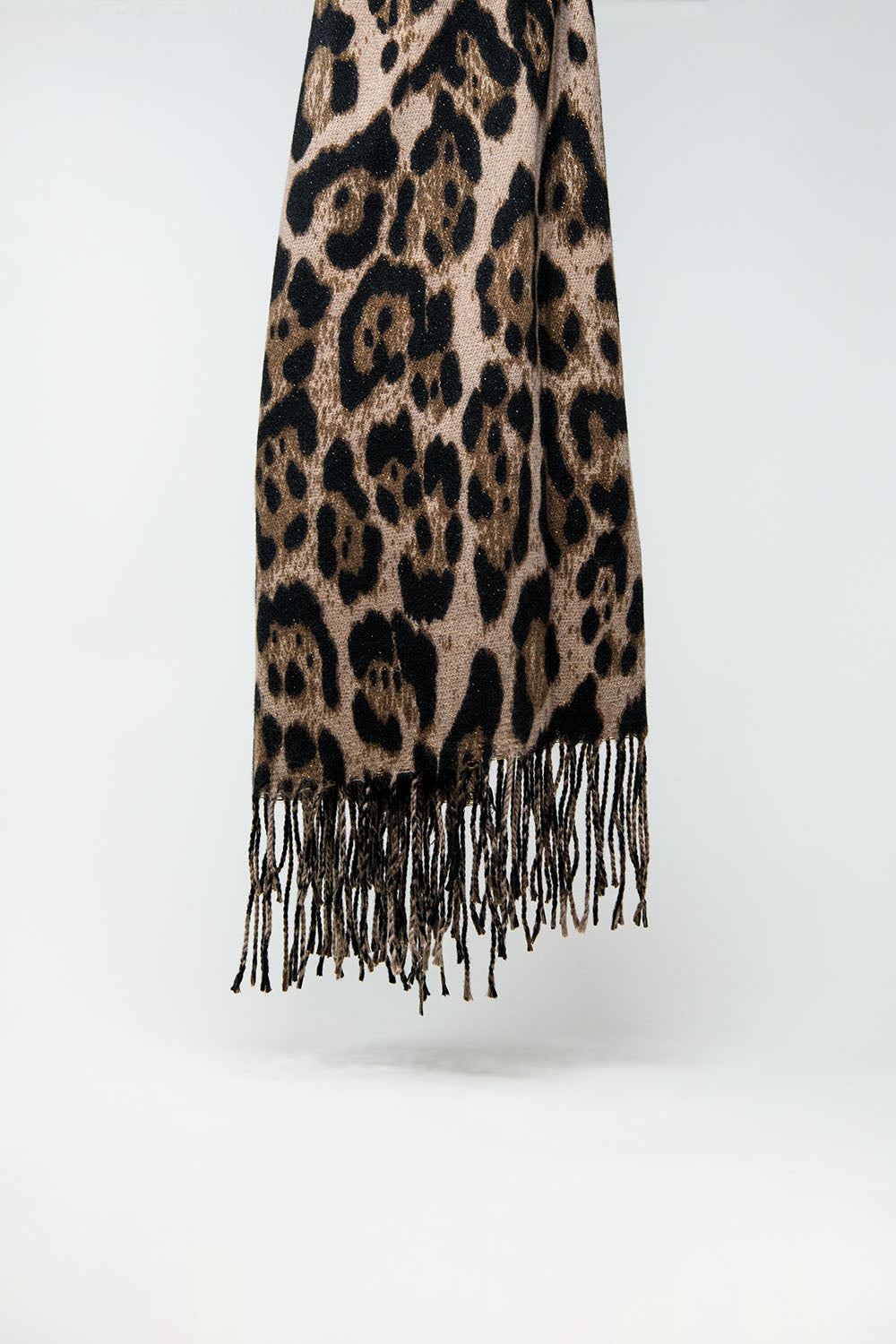 Q2 brown Leopard print fluffy knit scarf with rhinestone details