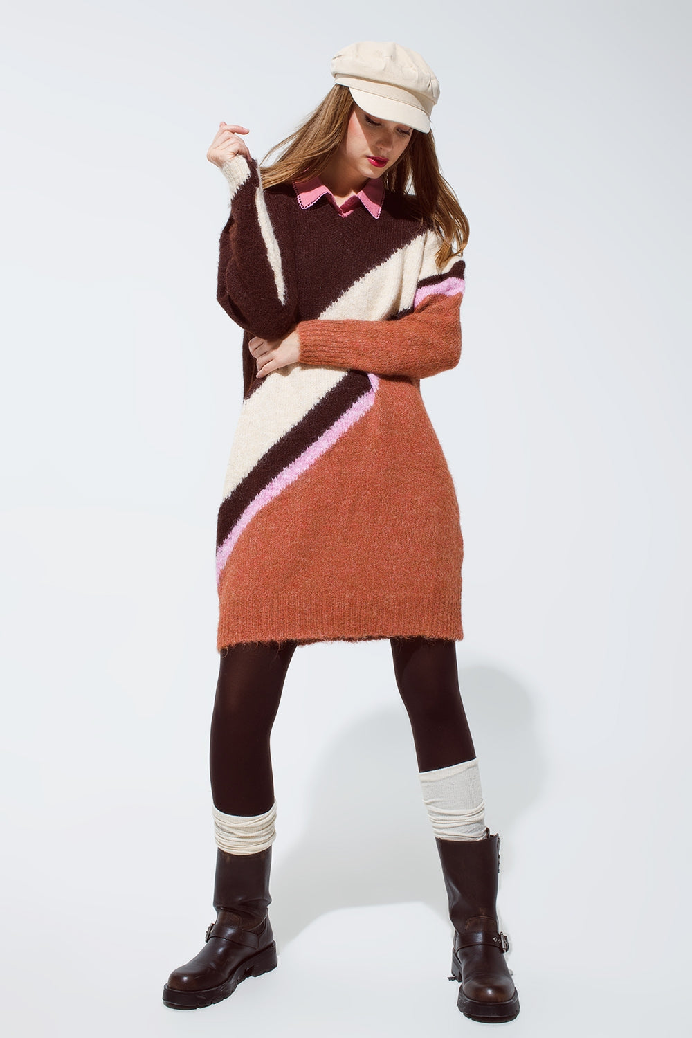 Brown striped oversized chunky knit dress with crew neck