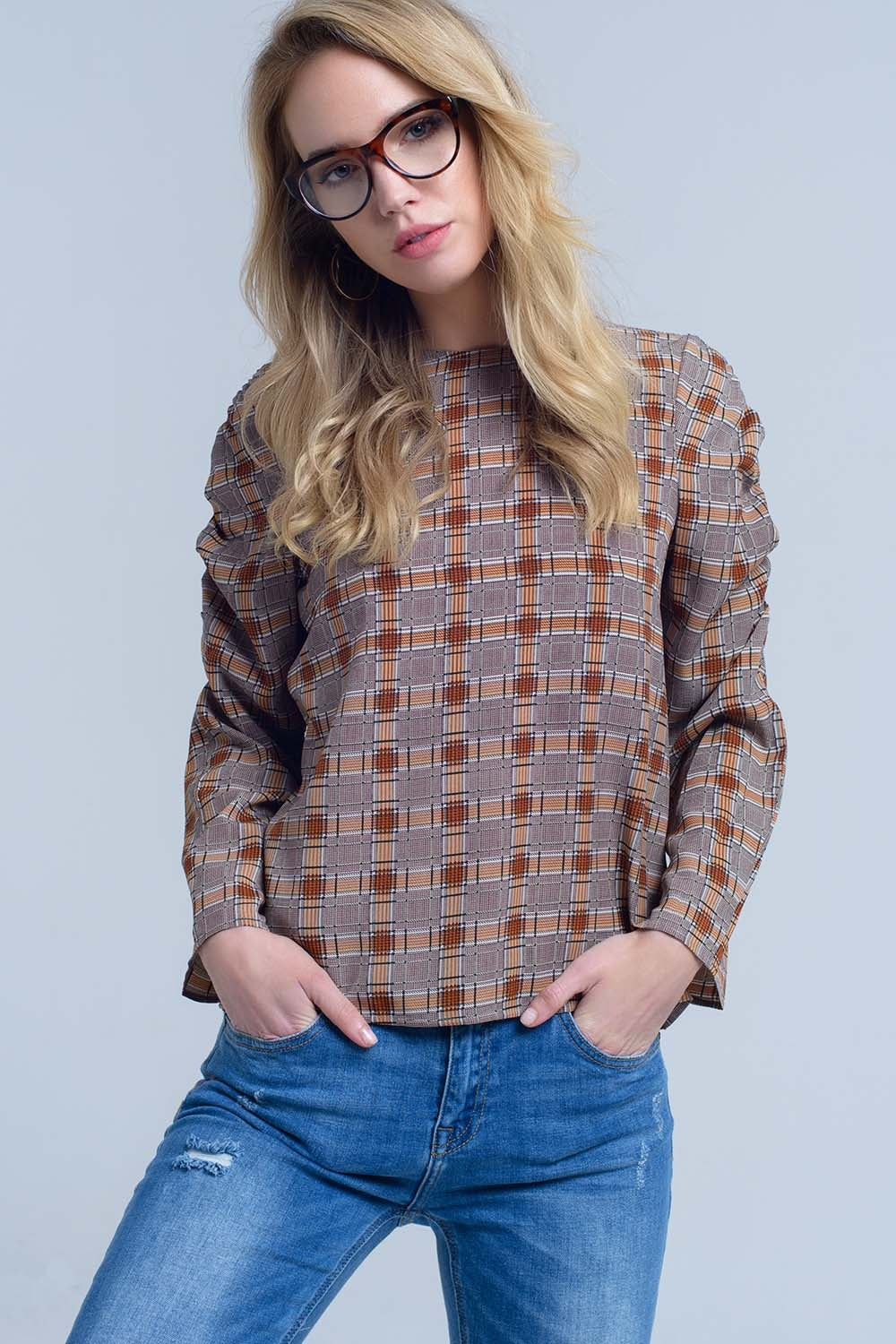 Brown top with check print