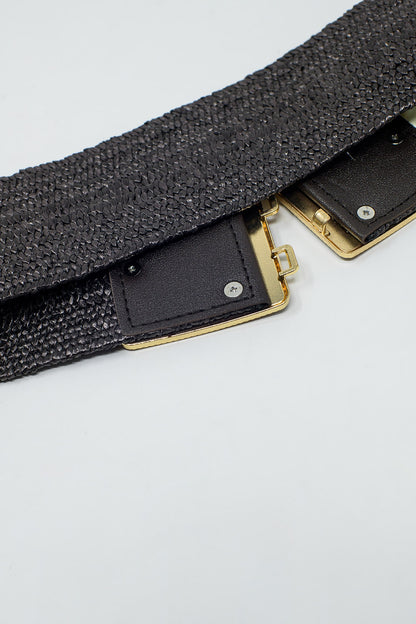 Brown woven belt with square buckle with gold details