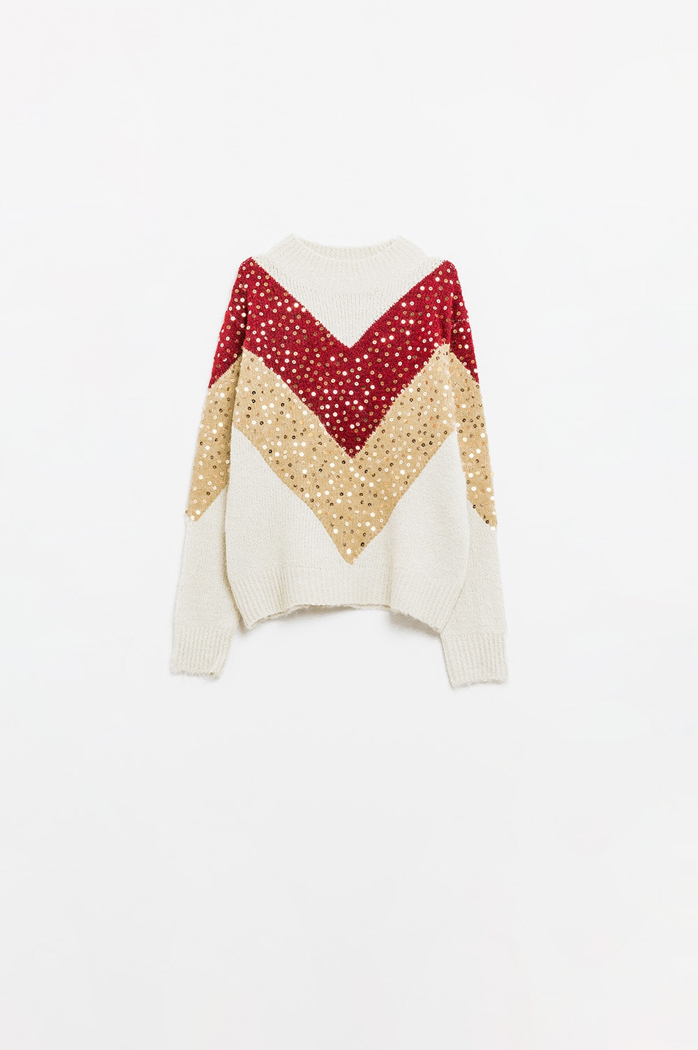 burgundy and beige color block knit sweater with sequin embellishment