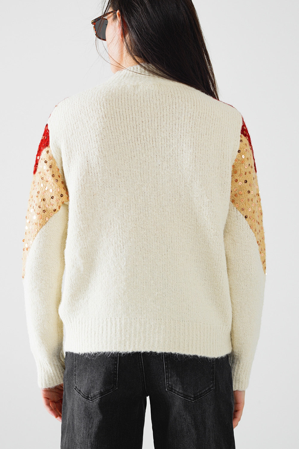 burgundy and beige color block knit sweater with sequin embellishment