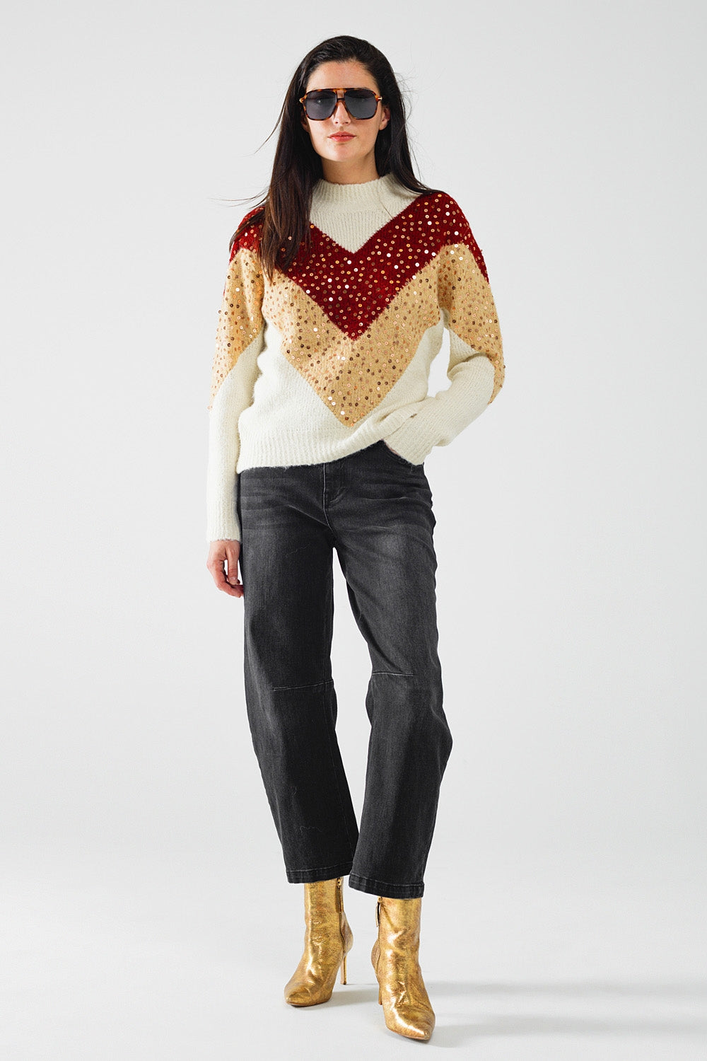 burgundy and beige color block knit sweater with sequin embellishment