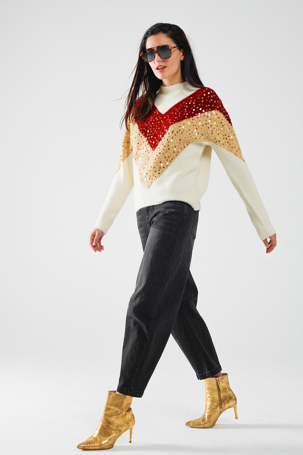 burgundy and beige color block knit sweater with sequin embellishment