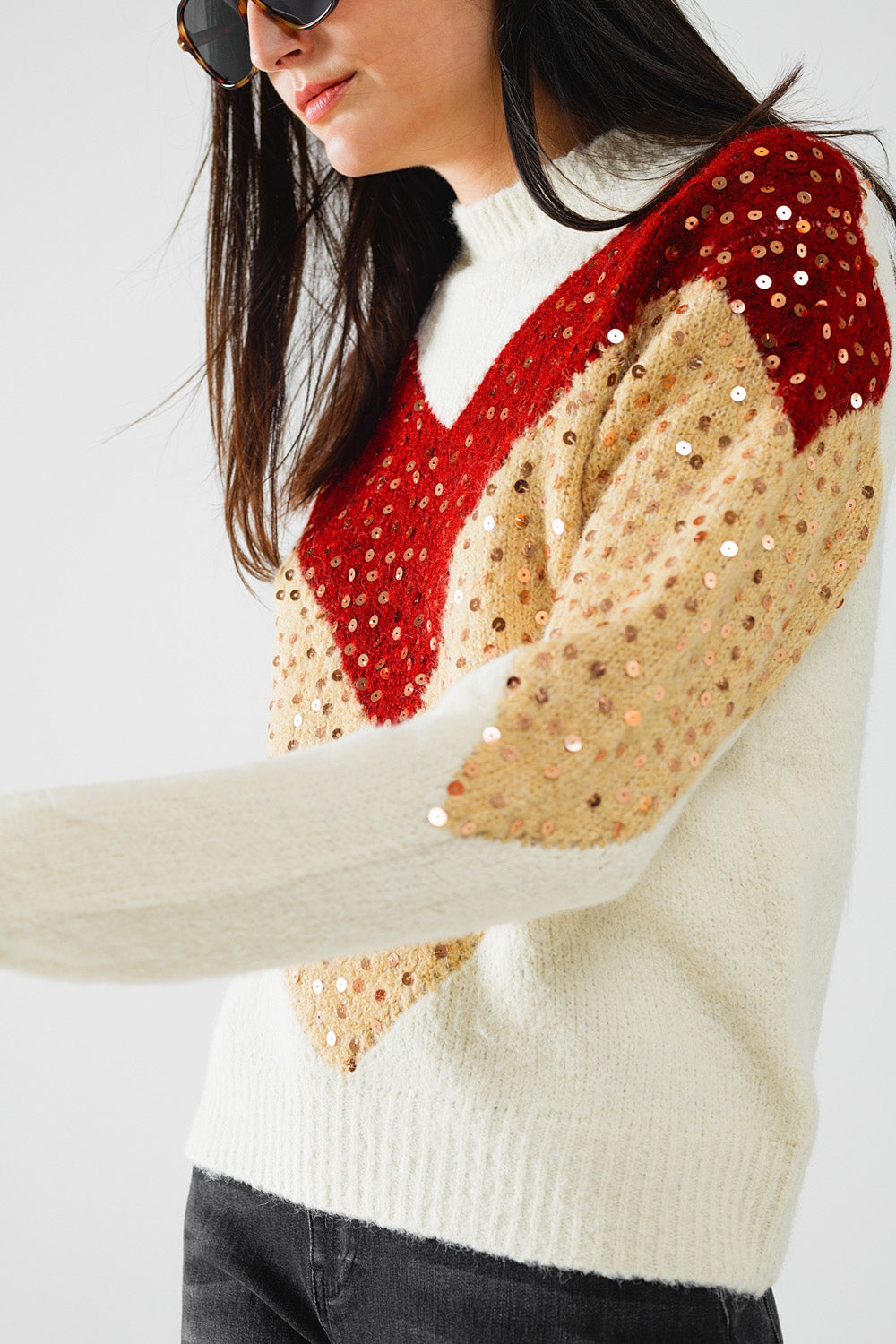 burgundy and beige color block knit sweater with sequin embellishment