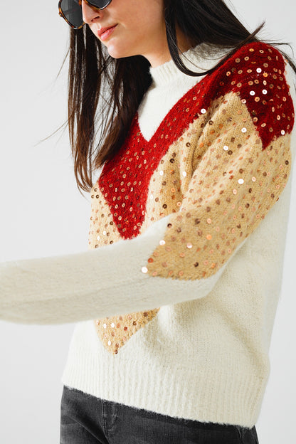 burgundy and beige color block knit sweater with sequin embellishment