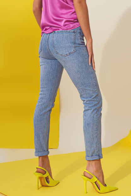 Butterfly Detail Skinny Jeans in Light Blue Wash