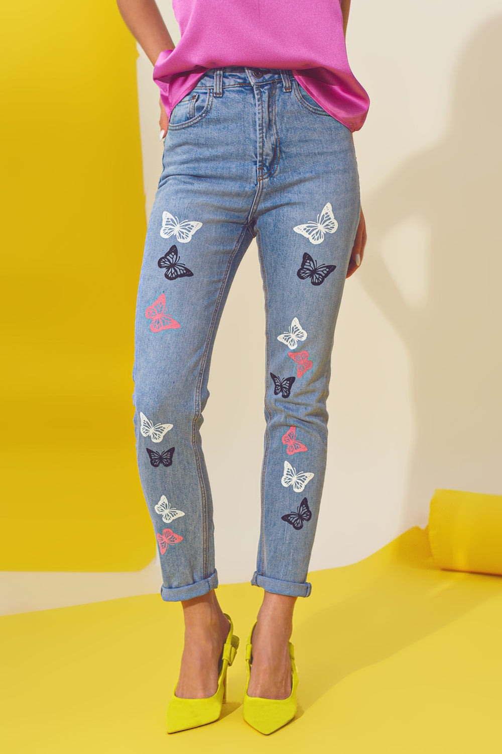 Butterfly Detail Skinny Jeans in Light Blue Wash