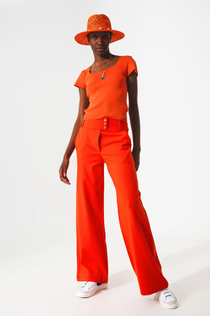 Button detail wide leg pants in orange